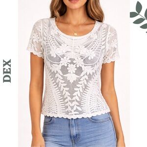 Dex White Embroidered Lace Sheer Top | Short Sleeve | Small